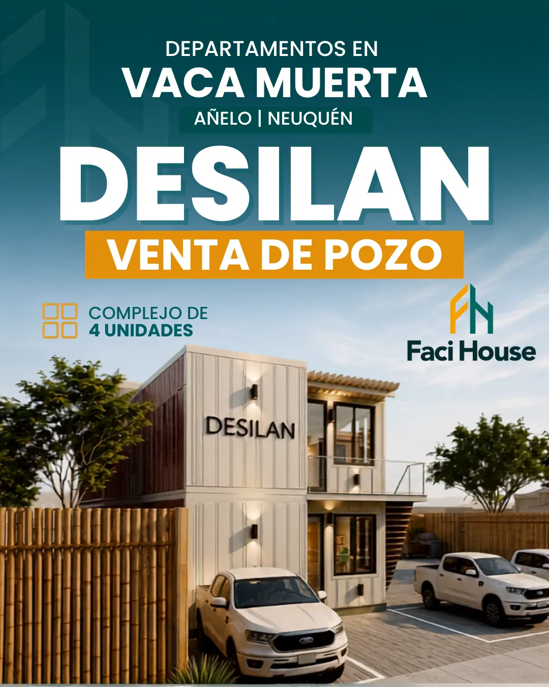 Render del complejo Desilan, departamentos en venta de pozo en Añelo, Vaca Muerta, desarrollado por Faci House