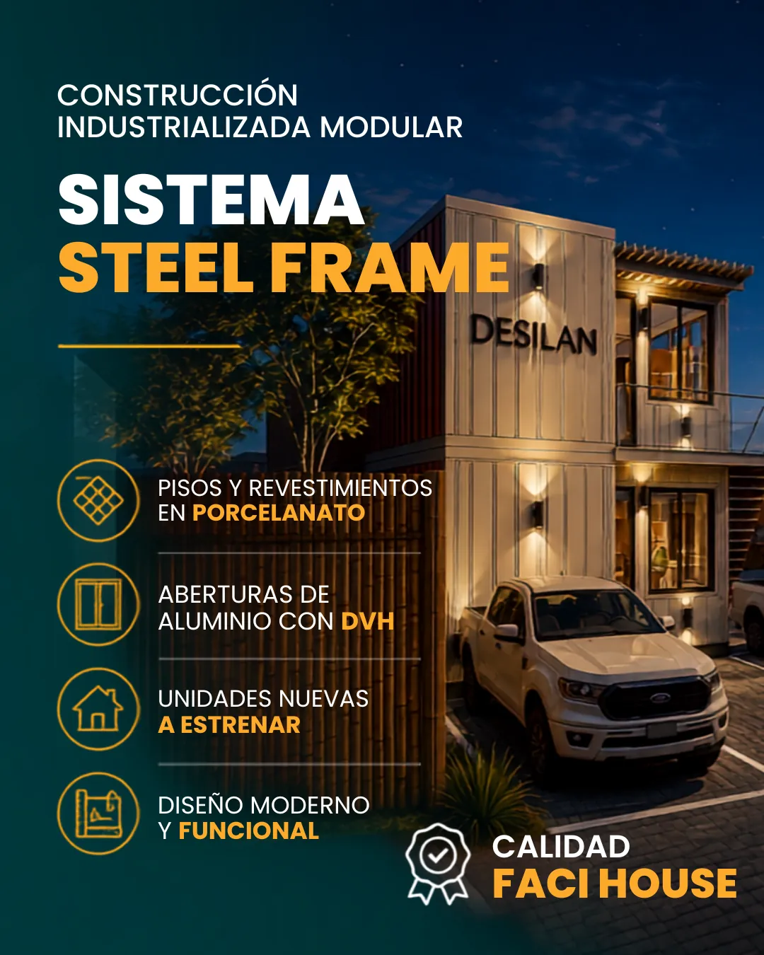 Desilan construido con sistema Steel Frame: pisos en porcelanato, aberturas de aluminio con DVH y diseño moderno