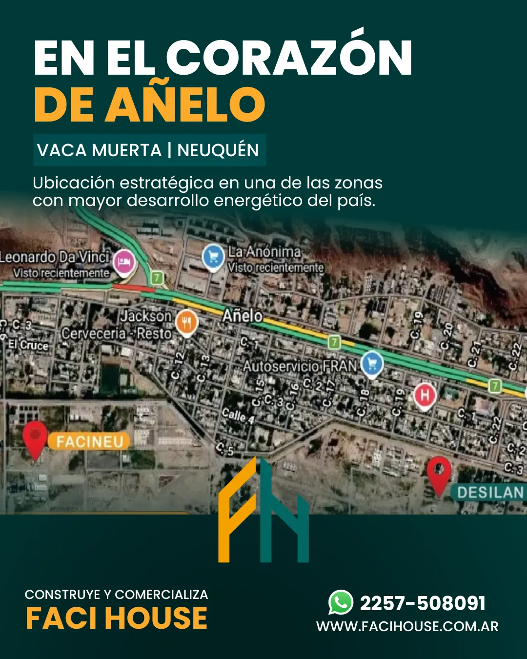 Mapa de Añelo, Neuquén, con la ubicación de los desarrollos Faci Neu y Desilan de Faci House