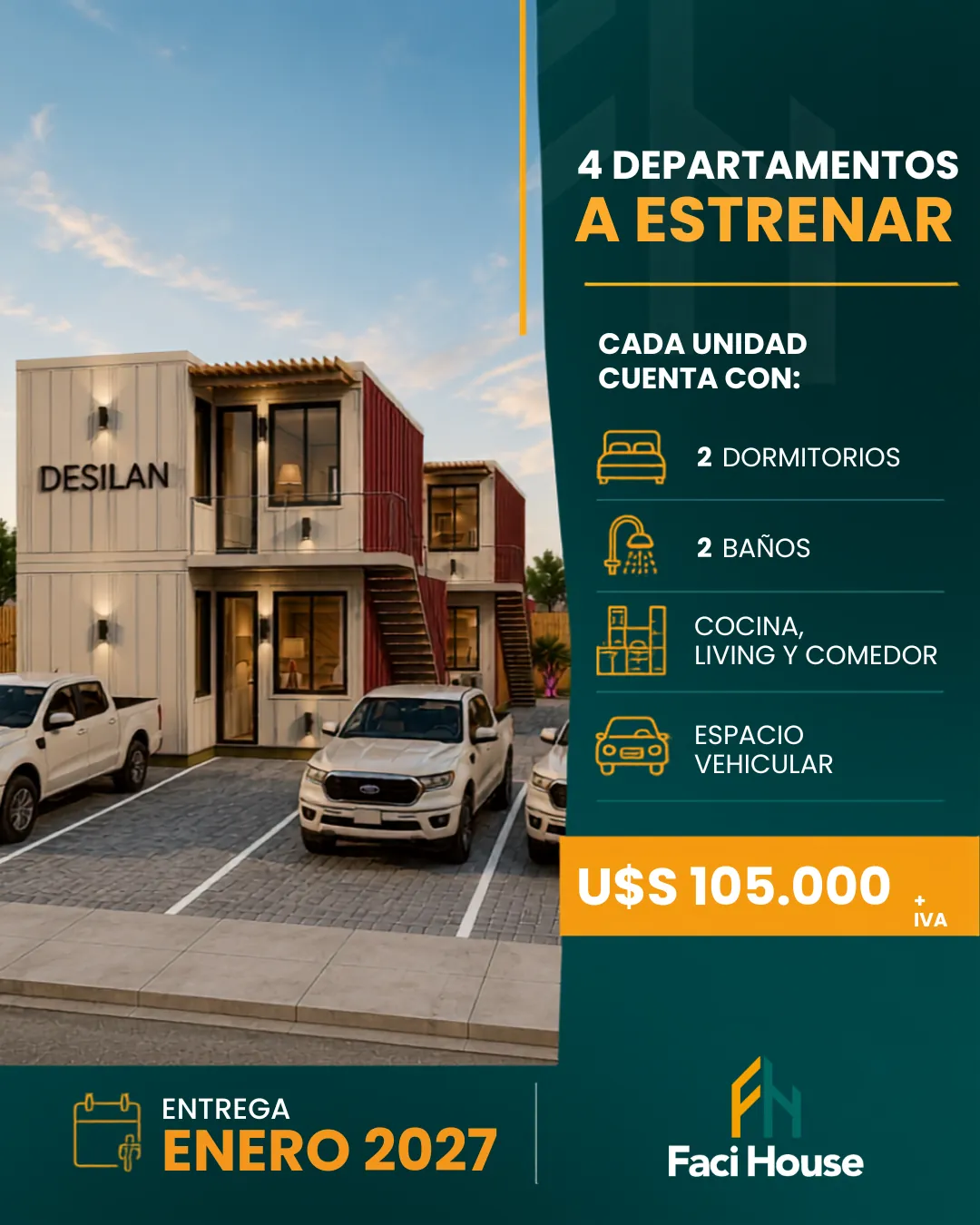 Desilan: 4 departamentos a estrenar con 2 dormitorios, 2 baños, cocina, living, comedor y espacio vehicular, U$S 105.000 + IVA, entrega enero 2027
