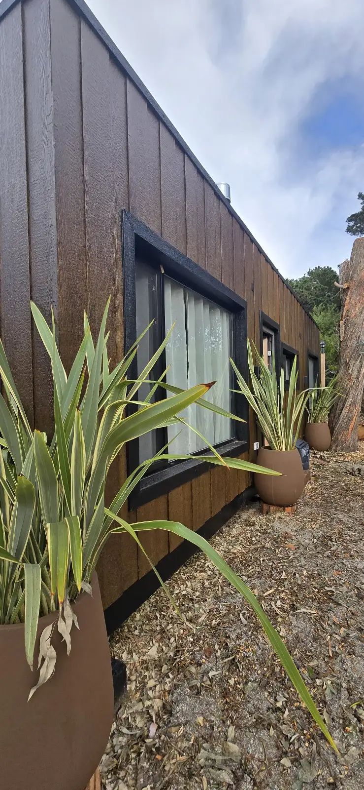 Detalle de fachada con carpintería negra y jardín casa modular Faci House
