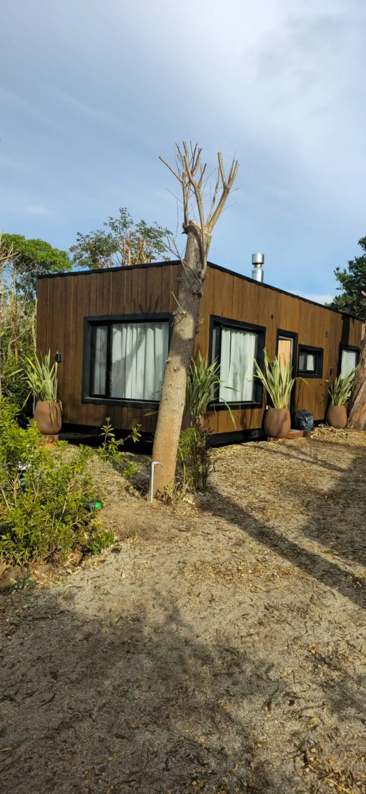 Módulo habitacional integrado al bosque con fachada símil madera Faci House